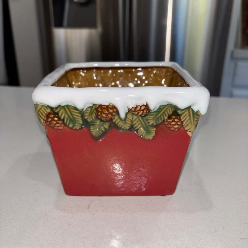Vintage Ceramic Christmas Snow Pine Cone Small Planter Pot
